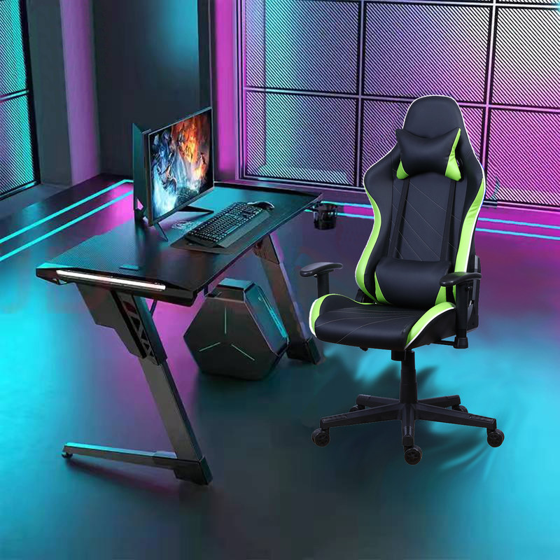 Kursi Gamer Reclining Kulit PU Castors dengan LED Light Bar Racer RGB Gaming Chair